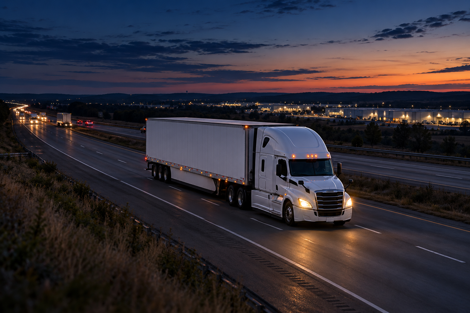 A white freight truck travels along an interstate at blue hour, with headlights on and freight facilities illuminated in the distance.