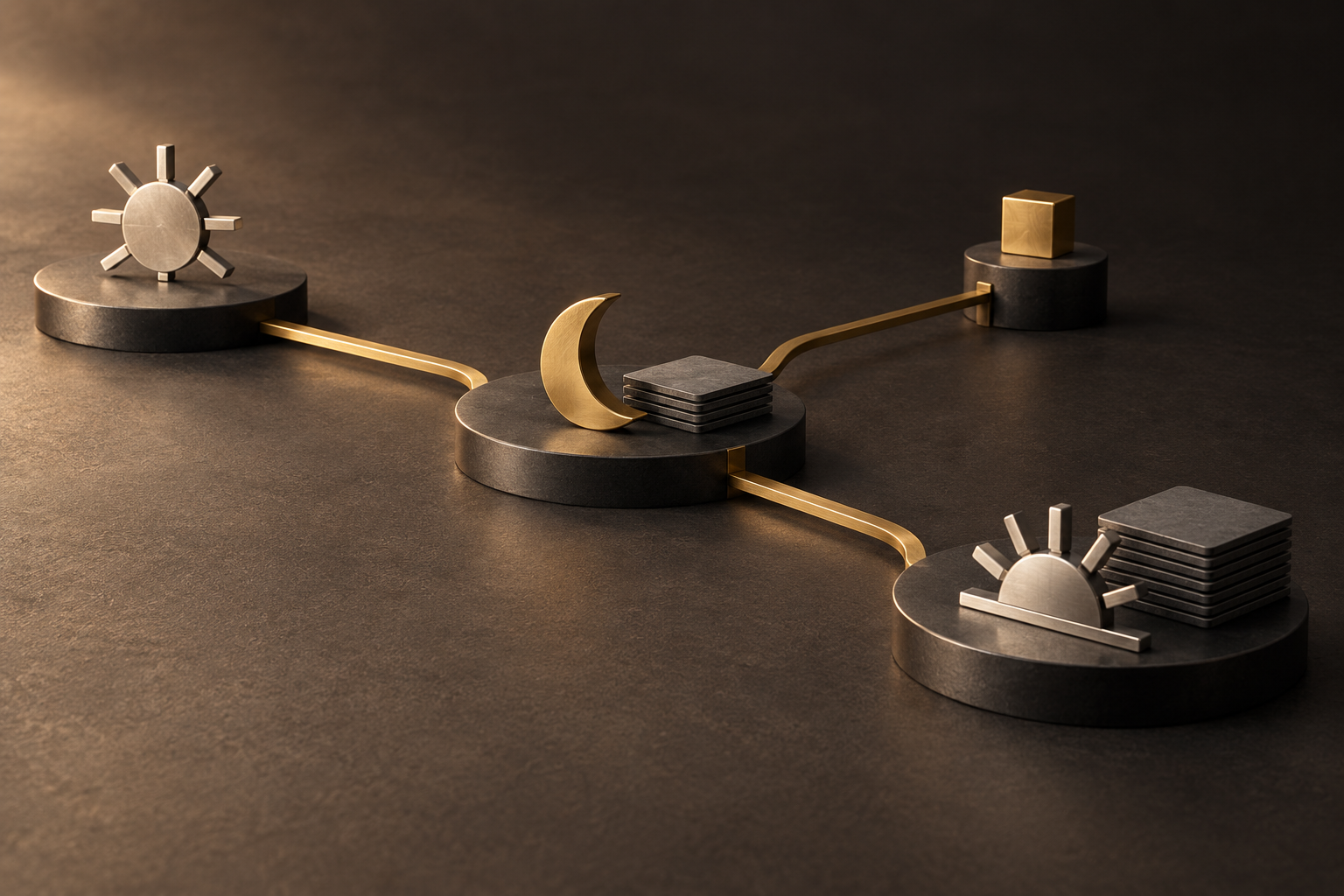 Three graphite platforms with sun, crescent and rising-sun tokens are connected by a brass track, with a separate branch to an authorization block.