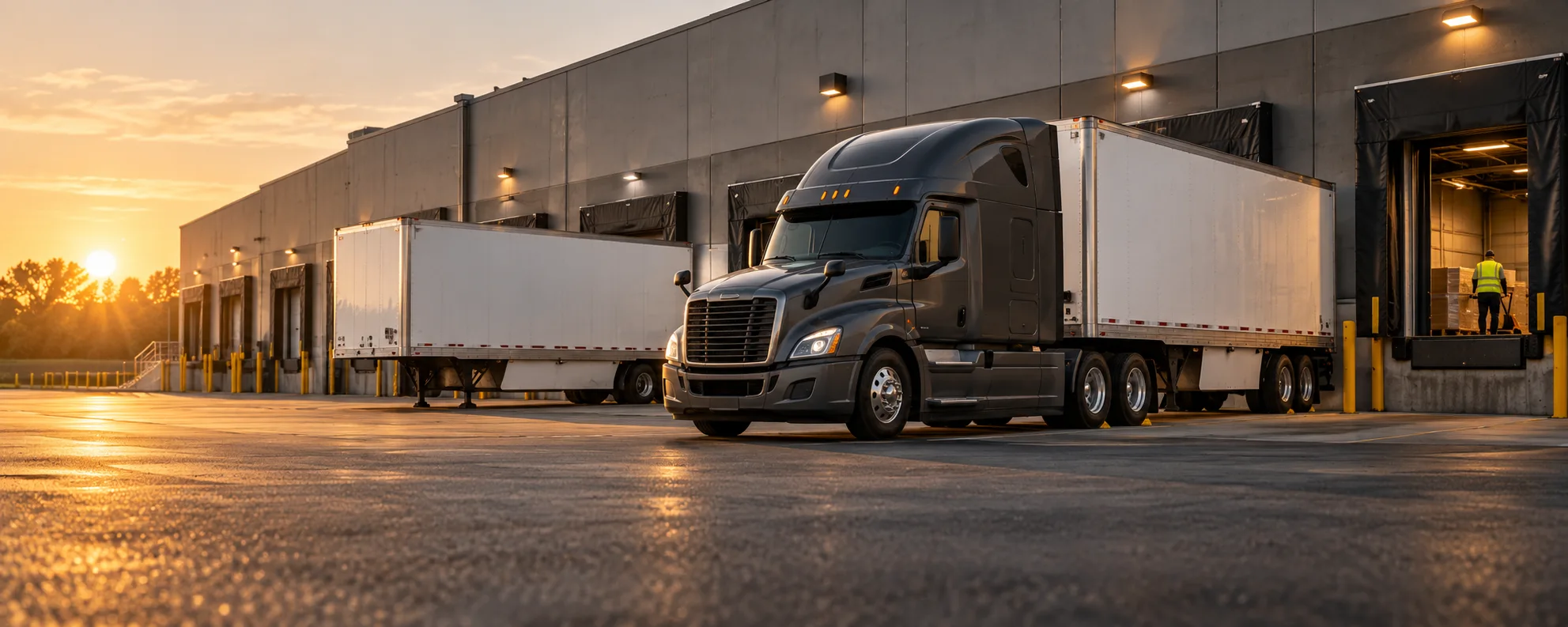 Illustrative freight loading dock with a charcoal tractor, white trailers and a warehouse worker in warm morning light.