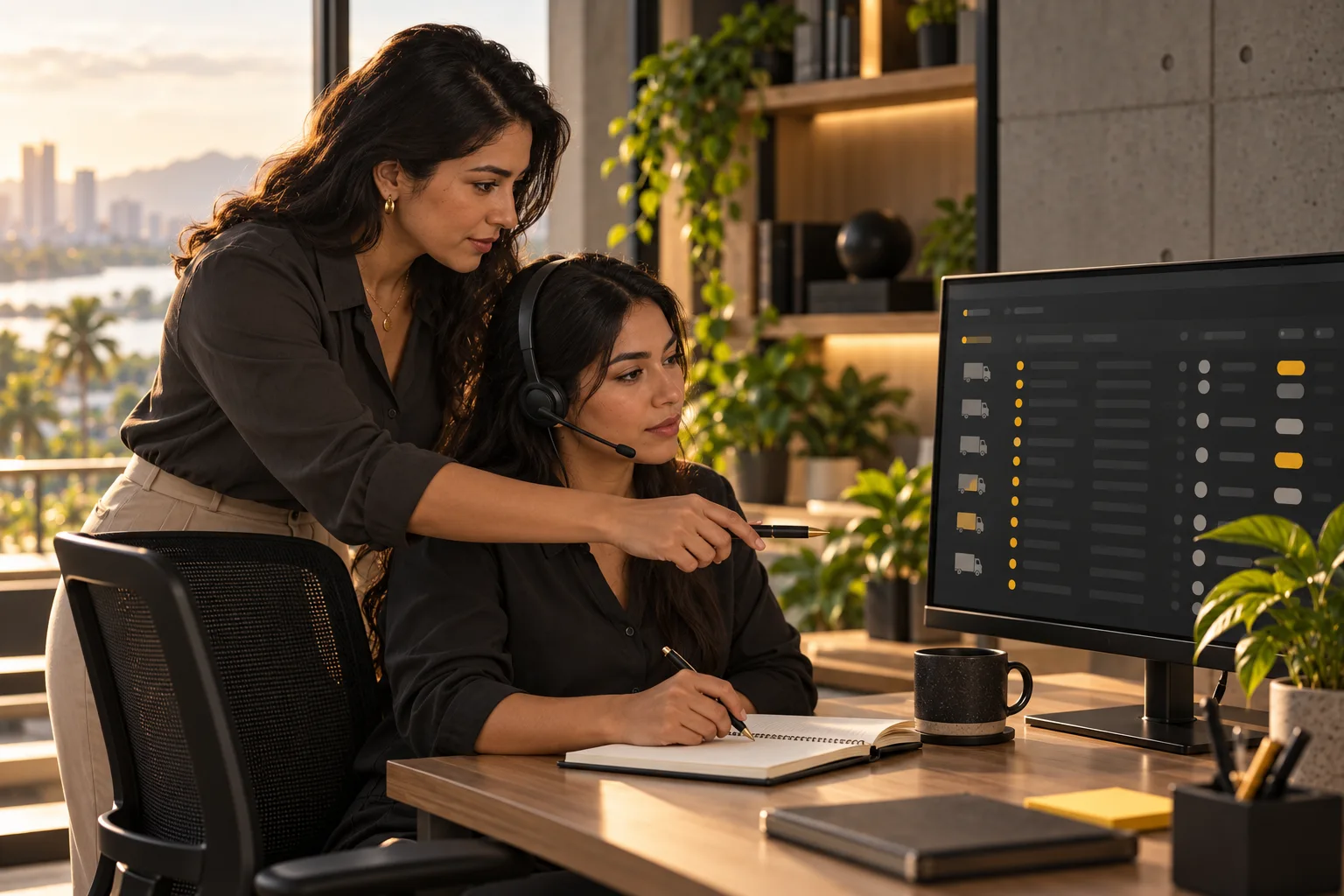 Illustrative supervisor reviewing a shipment workflow with a headset-wearing coordinator at an operations workstation.