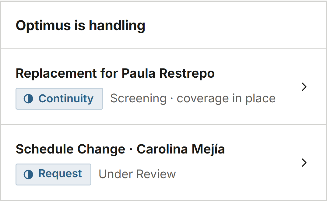 Optimus is handling: a replacement for Paula Restrepo in screening with coverage in place, and a schedule change for Carolina Mejía under review.