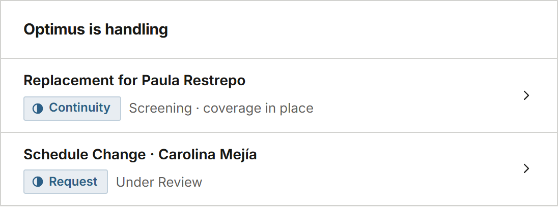 Optimus is handling: a replacement for Paula Restrepo in screening with coverage in place, and a schedule change for Carolina Mejía under review.