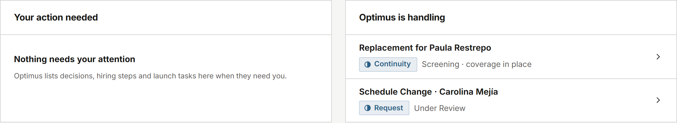 Lakeshore Fulfillment, an illustrative Transition Pod account: nothing needs the client's attention; Optimus is handling a replacement with coverage in place and a schedule change.