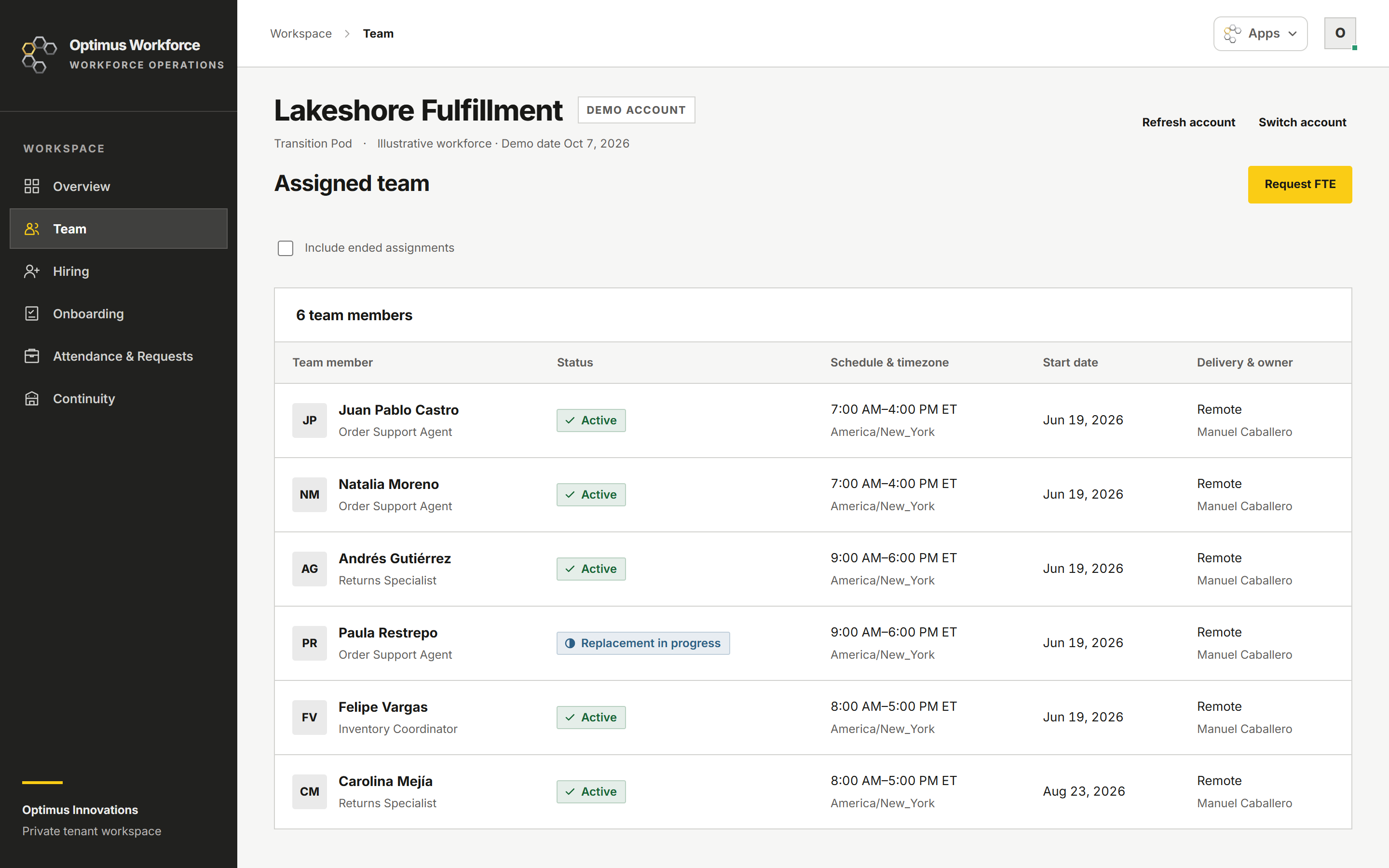 Assigned team for Lakeshore Fulfillment: six team members with status, schedule and timezone, start date and delivery owner. Paula Restrepo shows Replacement in progress.