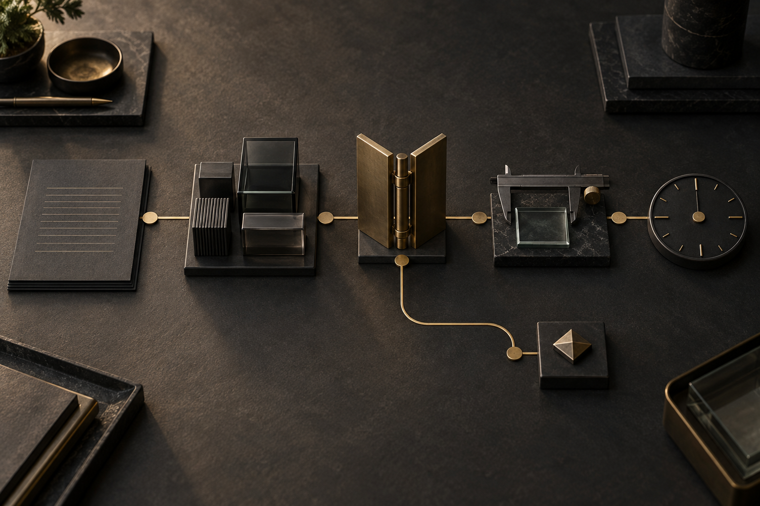 A graphite-and-brass logistics operating system with five connected control points and a separate exception path.