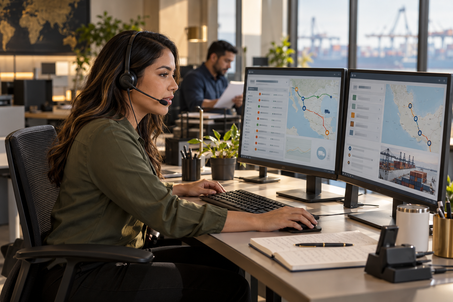 A customer-service operator in a headset reviews shipment records and route information across two monitors, with an operations colleague nearby.