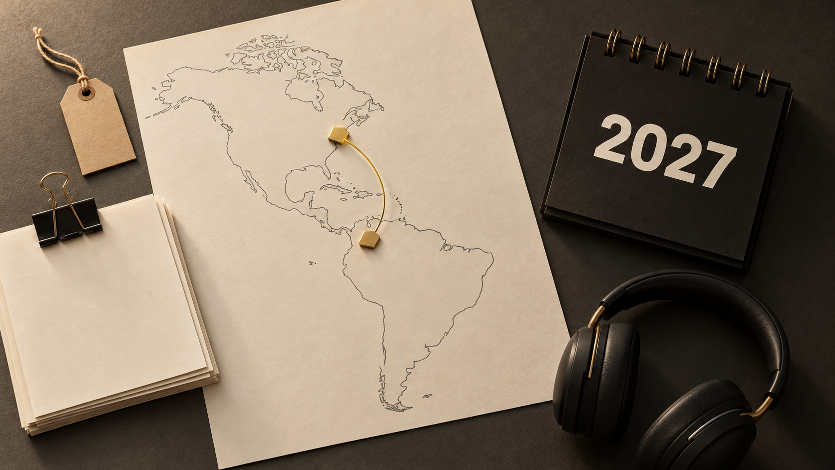 A line map of the Americas with a gold route from northern Colombia to the eastern United States, beside a 2027 desk calendar