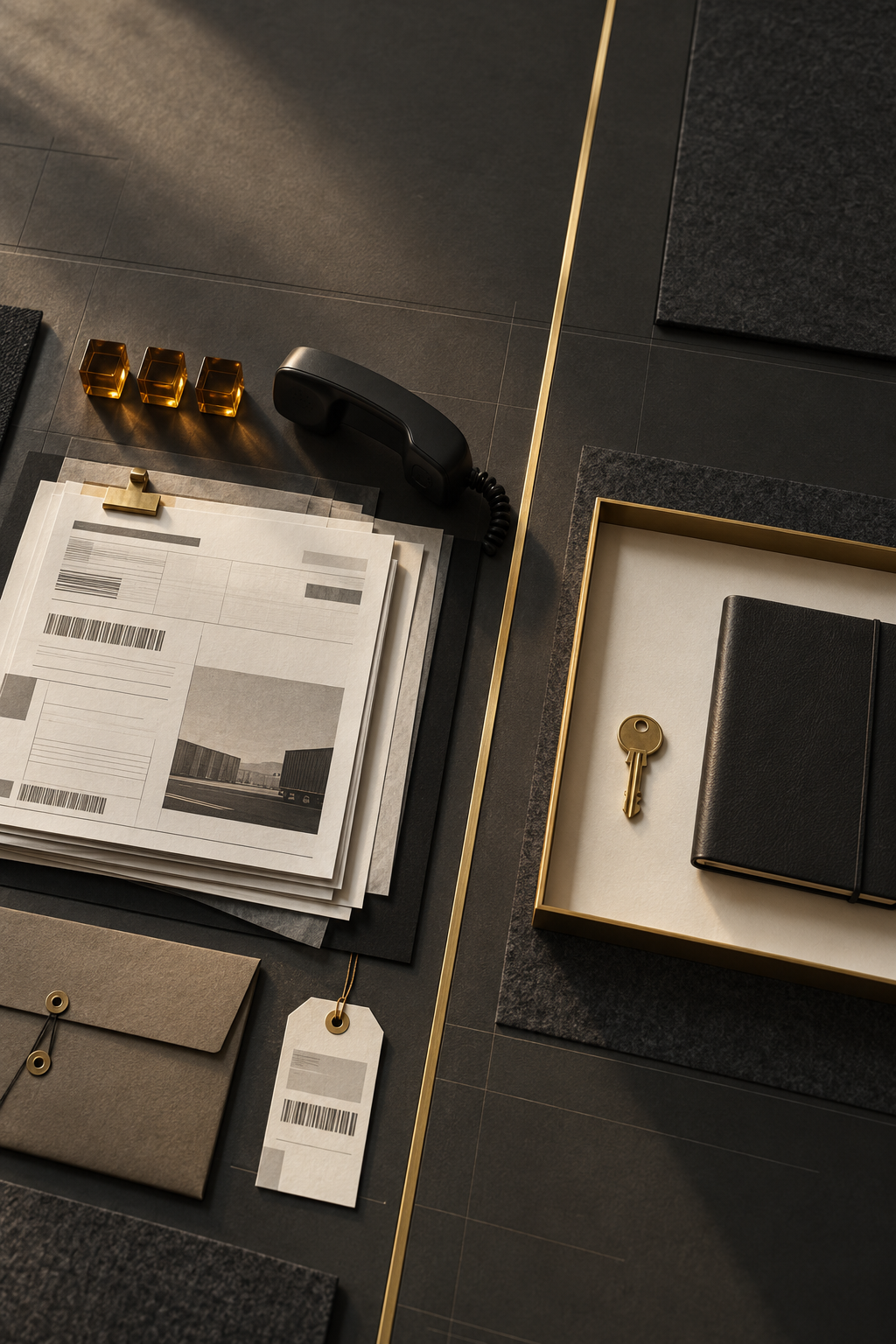 A graphite desk divided by a thin brass seam: routine shipment documents and check-call tokens on one side, a framed control area with a single gold key on the other.