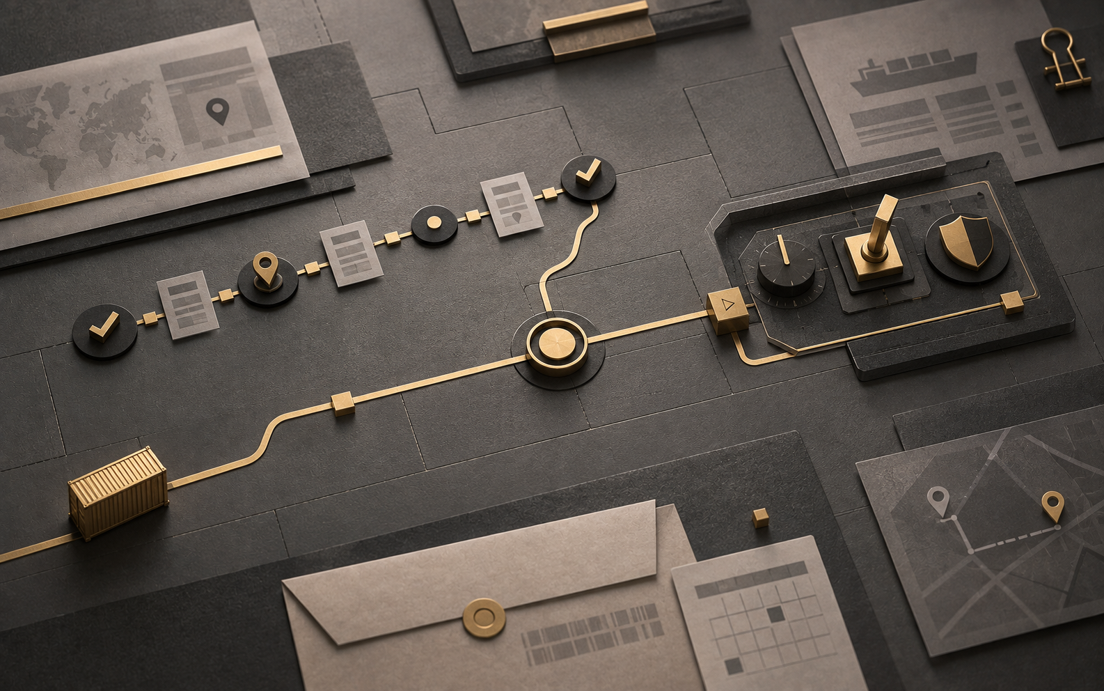 A logistics workflow divides into routine execution steps and a protected decision-control area.