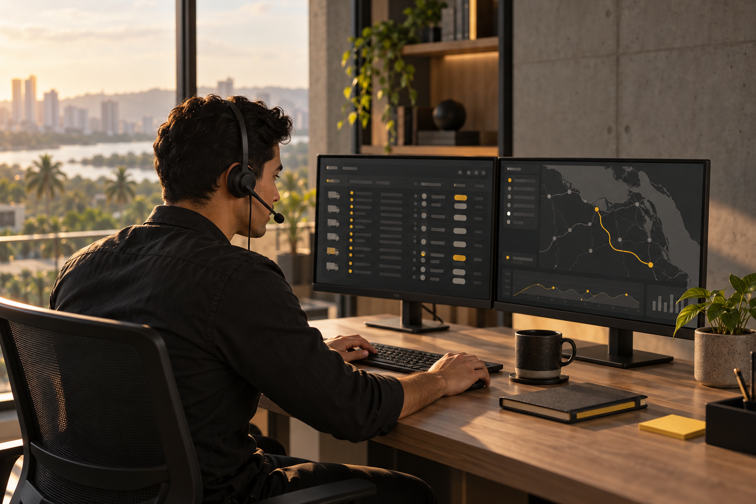 A bilingual logistics coordinator in Barranquilla works a shipment queue across two monitors while wearing a headset.