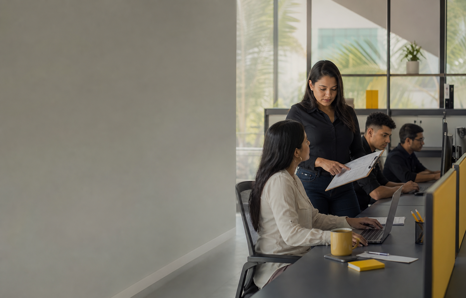 An operations team lead reviewing a workflow with a dedicated nearshore pod