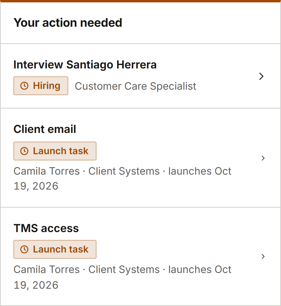 Your action needed: interview Santiago Herrera for the Customer Care Specialist role, and two launch tasks, client email and TMS access, for Camila Torres before her October 19 launch.