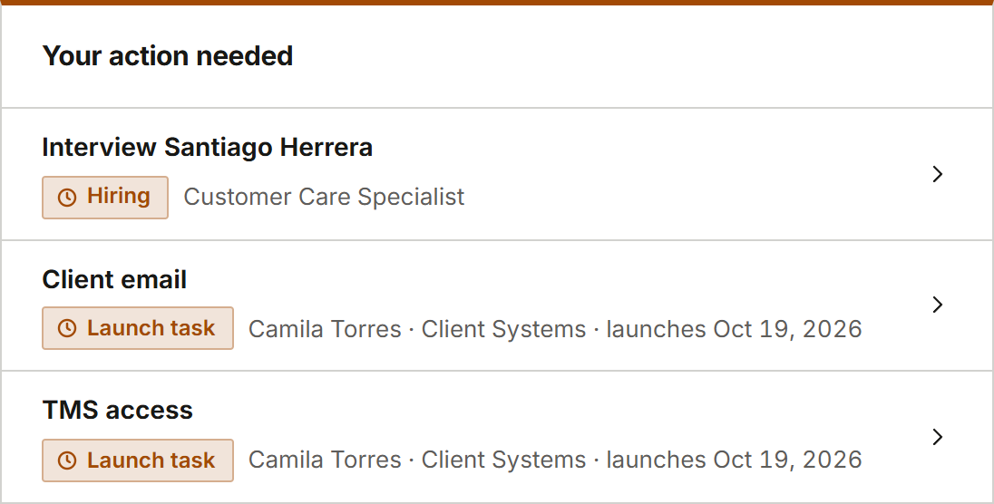 Your action needed: interview Santiago Herrera for the Customer Care Specialist role, and two launch tasks, client email and TMS access, for Camila Torres before her October 19 launch.