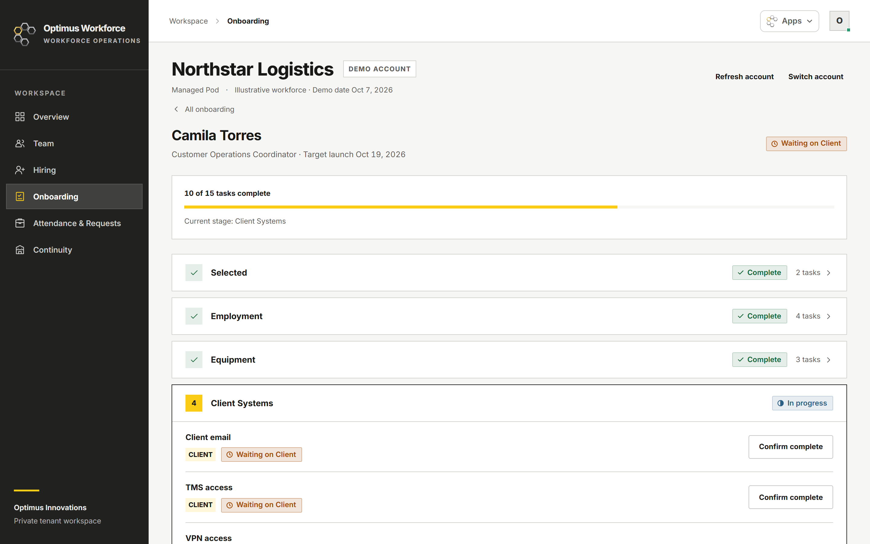 Onboarding checklist for Camila Torres: 10 of 15 tasks complete, current stage Client Systems, with client email and TMS access waiting on the client before an October 19 launch.