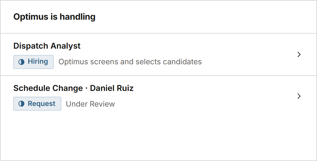 Optimus is handling: screening candidates for a Dispatch Analyst role and reviewing a schedule change for Daniel Ruiz.