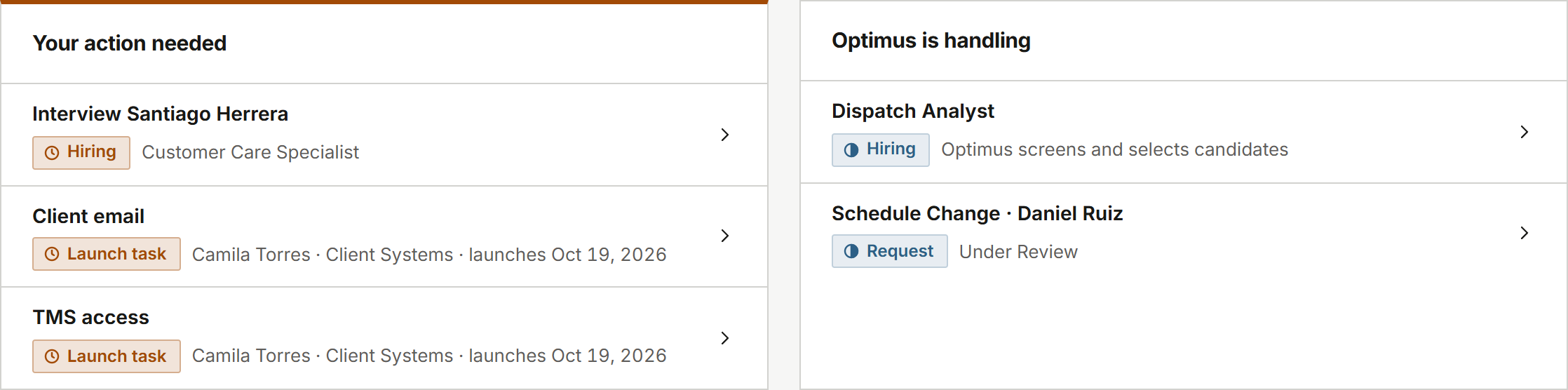 Northstar Logistics, an illustrative Managed Pod account: Your action needed lists an interview and two launch tasks; Optimus is handling lists a Dispatch Analyst search and a schedule change.