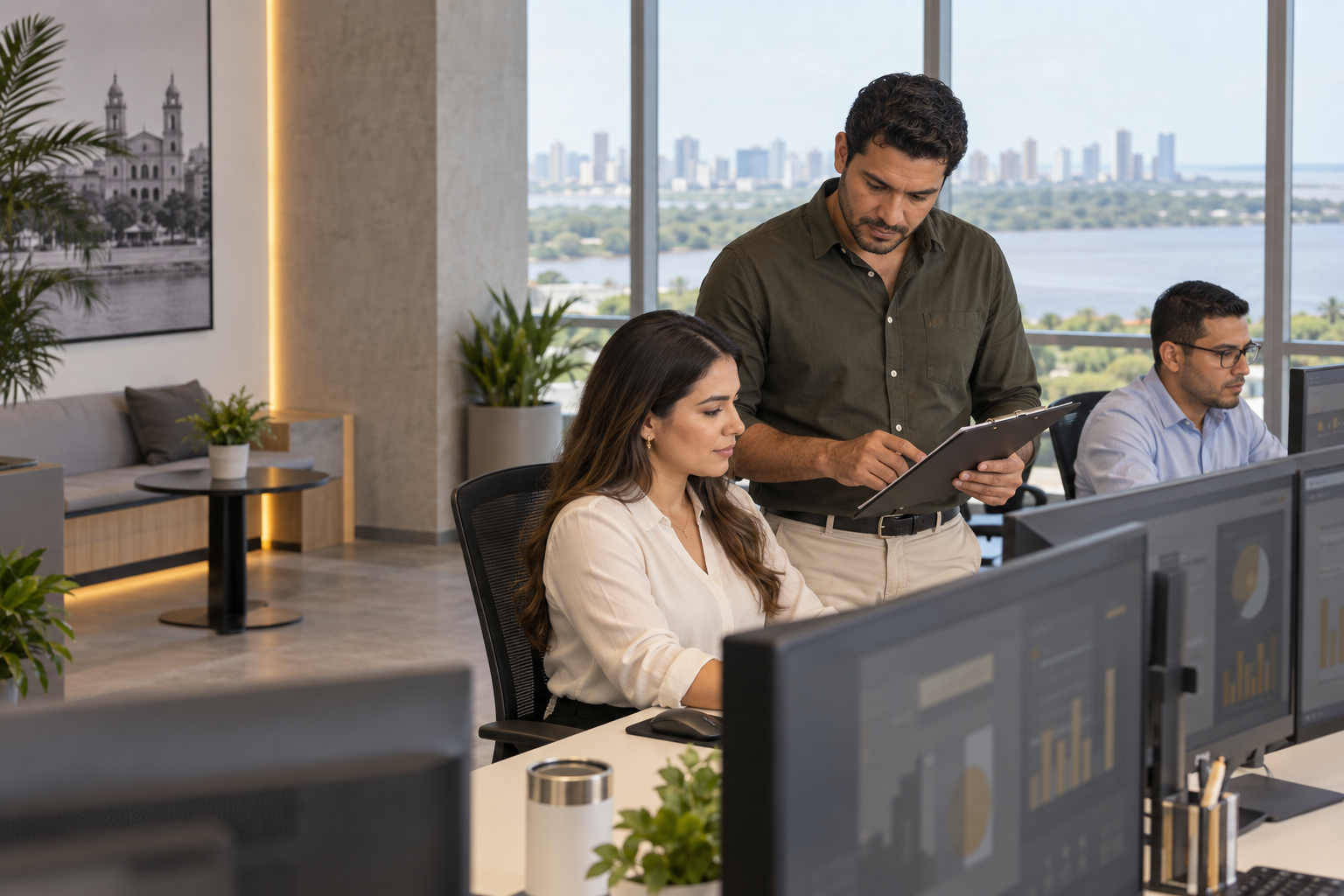 An operations lead reviewing work with a nearshore operations specialist