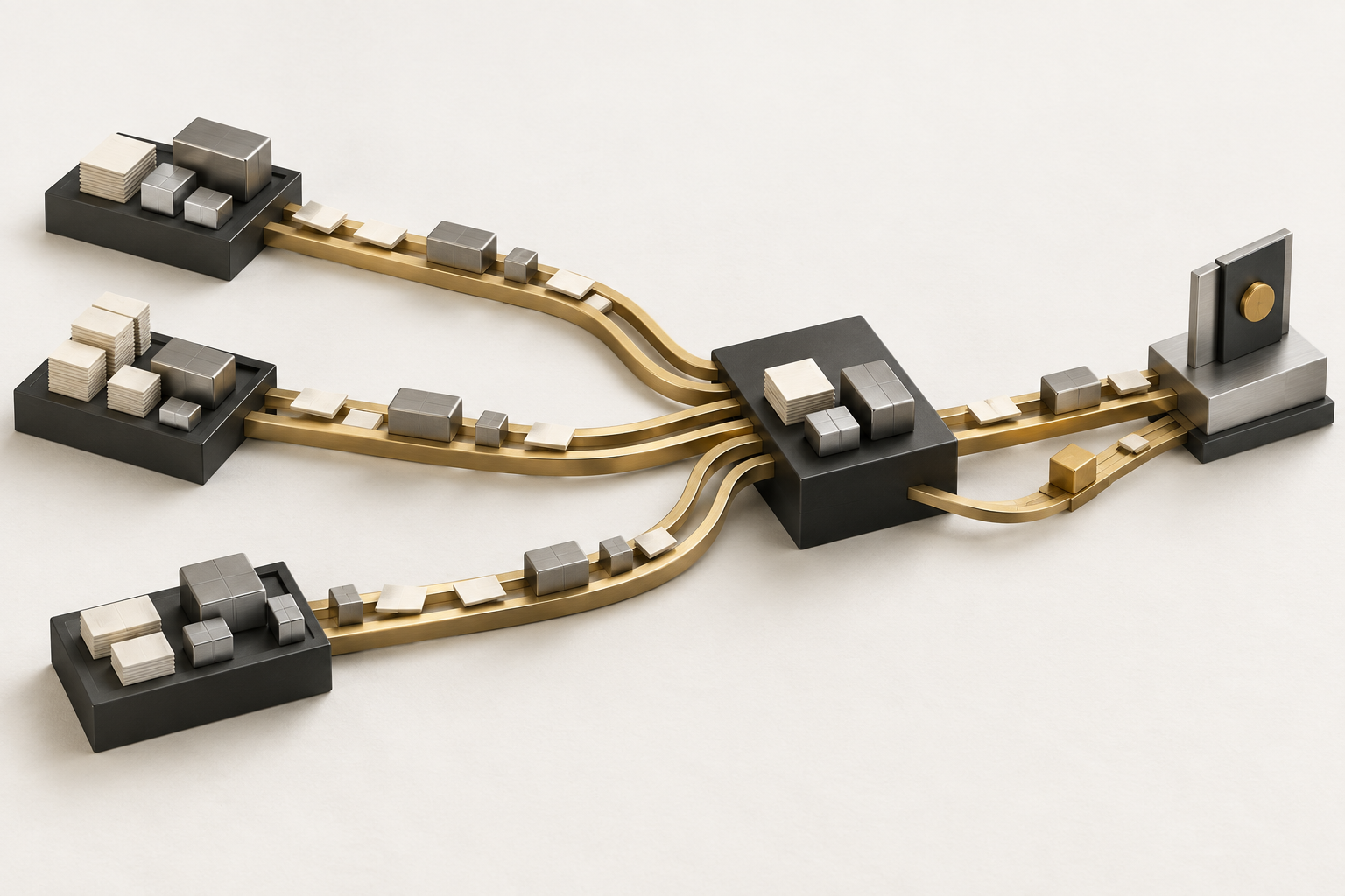 Three distinct brass account-workflow tracks converge at a graphite execution station; a separate gold exception branch leads to a client authority station.