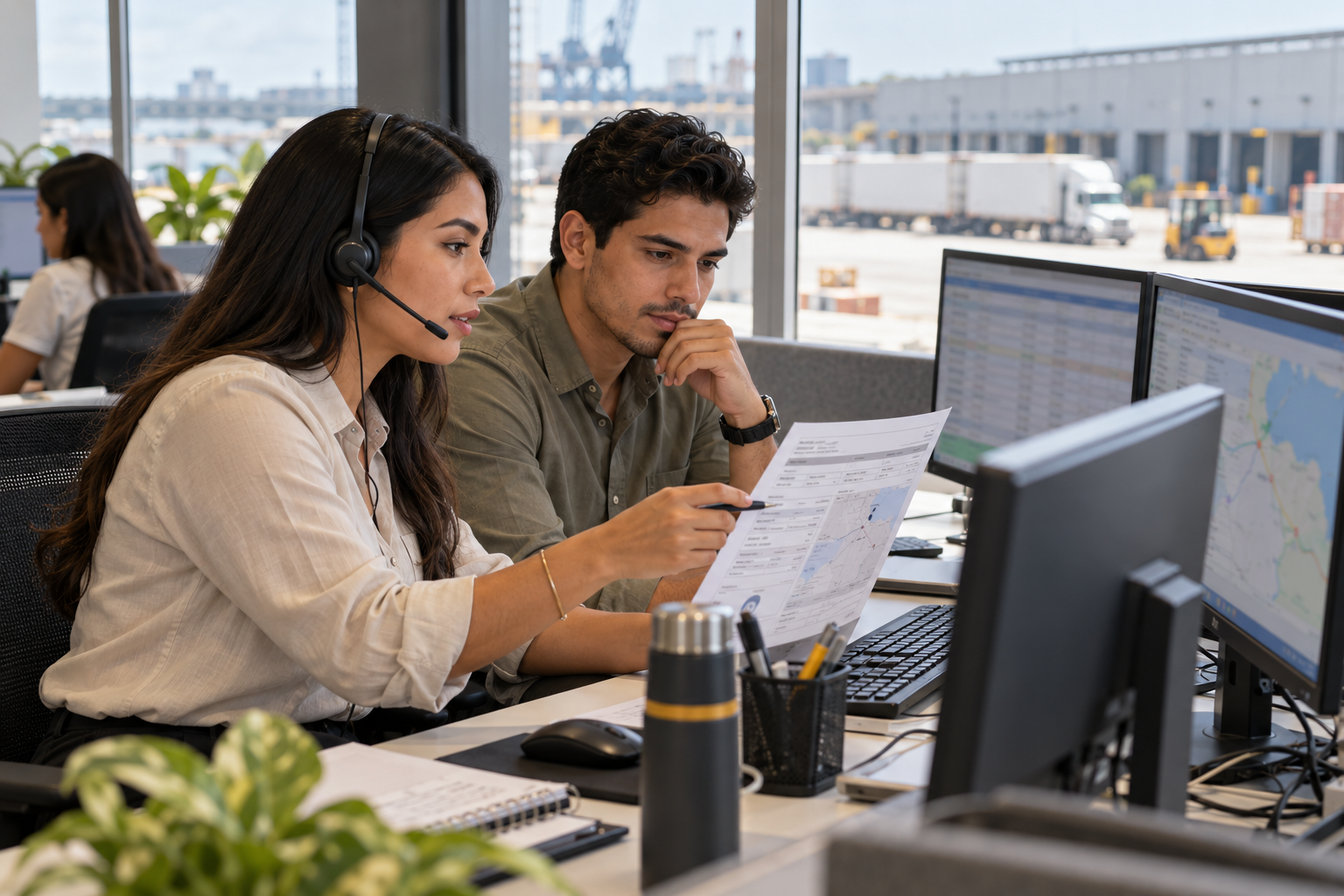 Two logistics coordinators review a shipment document beside their monitors, with a freight yard beyond the window.