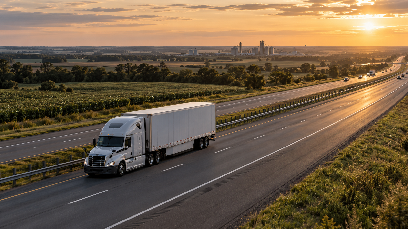 A white freight truck travels along a divided highway through farmland in late-afternoon light.