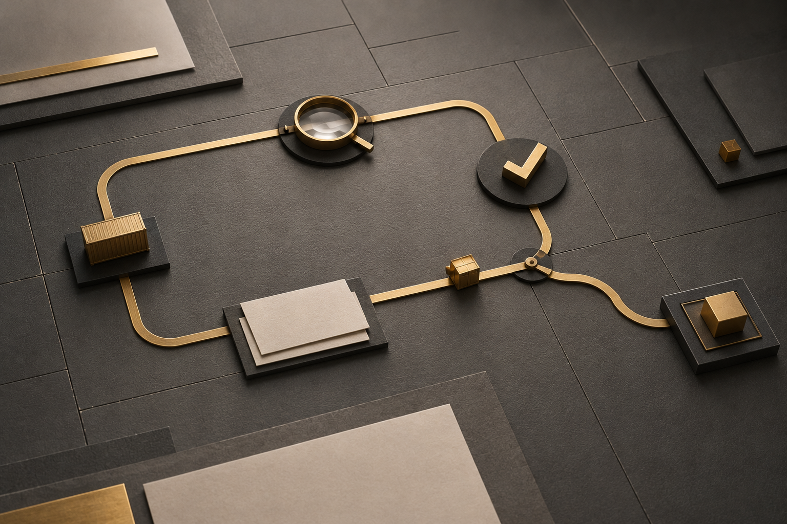 A brass monitoring circuit connects a freight token, observation lens, records and a check marker; a separate branch leads to a decision station.