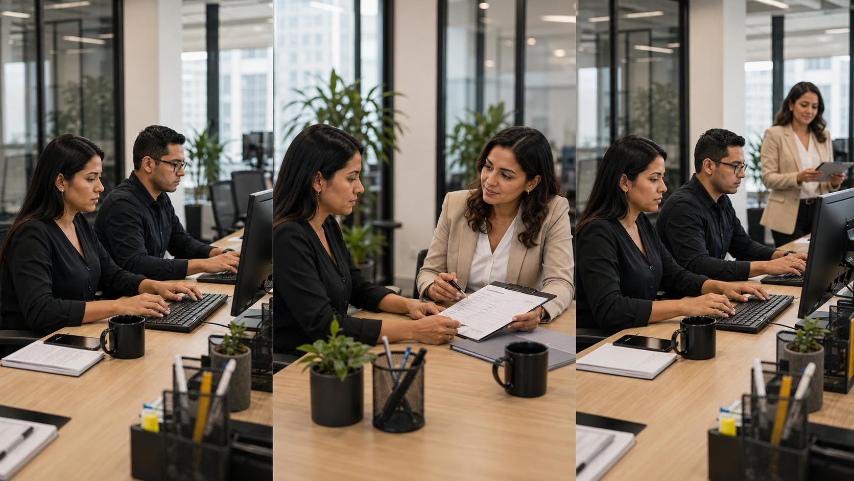 Illustrative sequence of the same established team working before, during, and after an employment-administration handoff