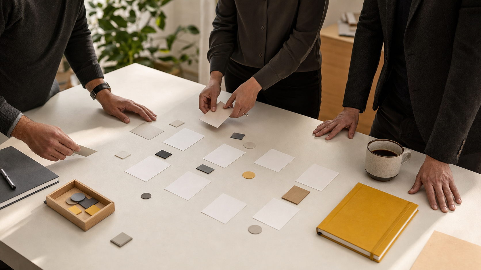 Professionals mapping a workflow with cards around a table
