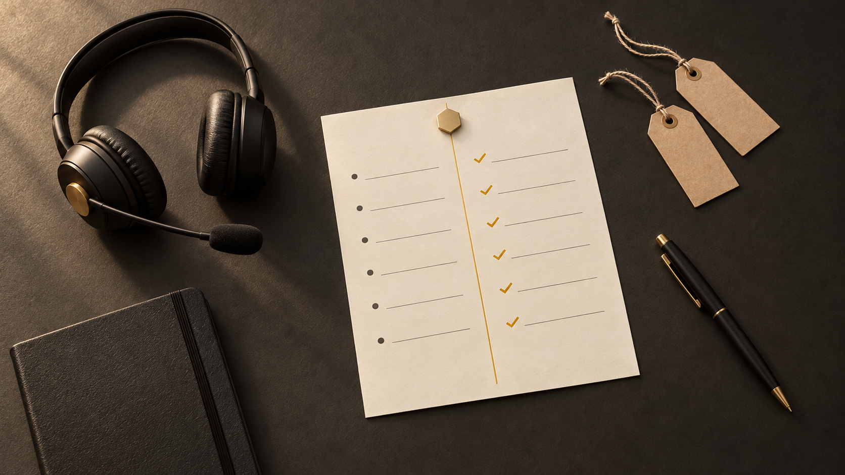 A one-page document split into two columns by a gold line, next to a call-centre headset and shipping tags